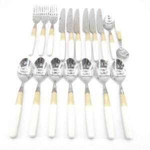 Pfaltzgraff Flatware Set 16 Pc Stainless Steel White Beige Handle Flatware